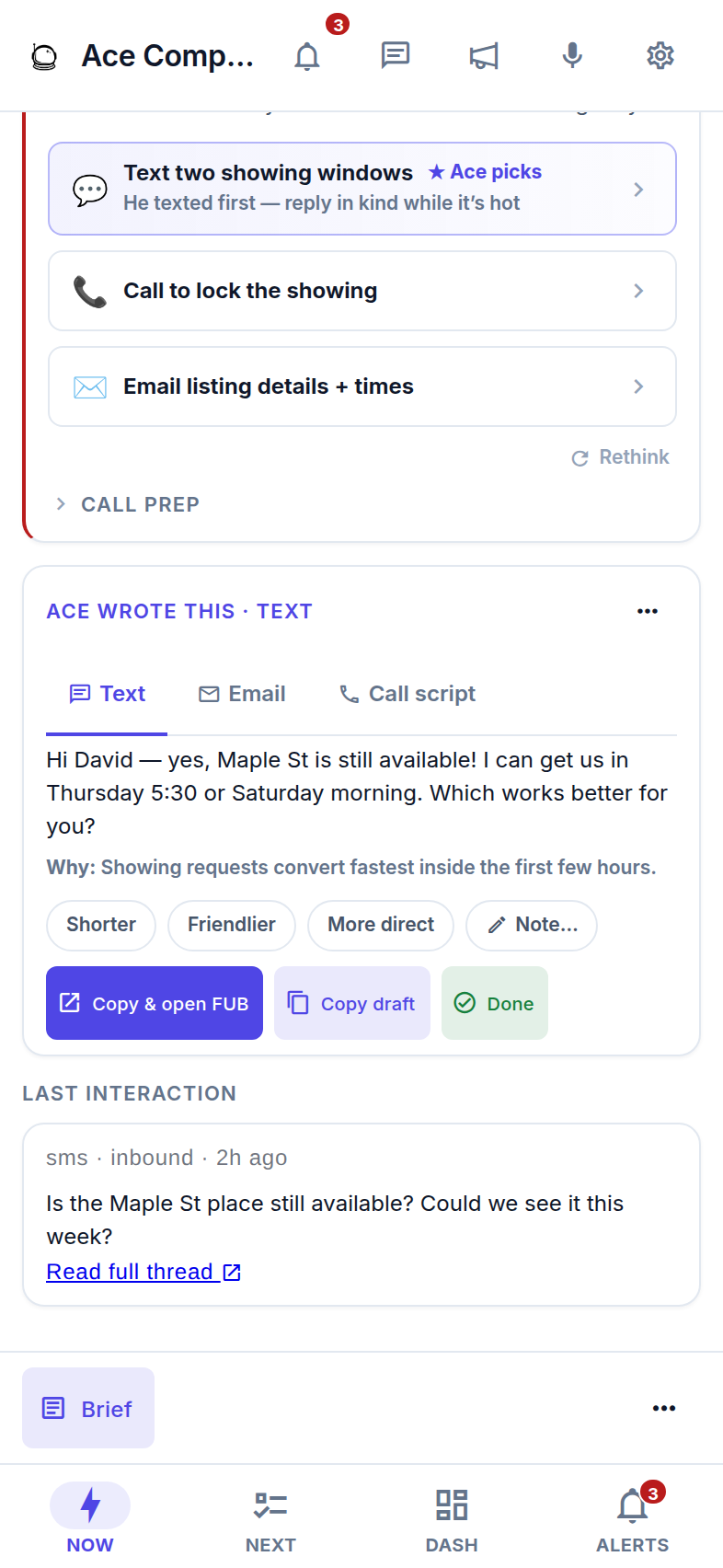 Follow Up Ace iPhone app draft card labeled Ace wrote this, showing a written text reply with tone chips for shorter, friendlier and more direct, and Copy and open FUB buttons