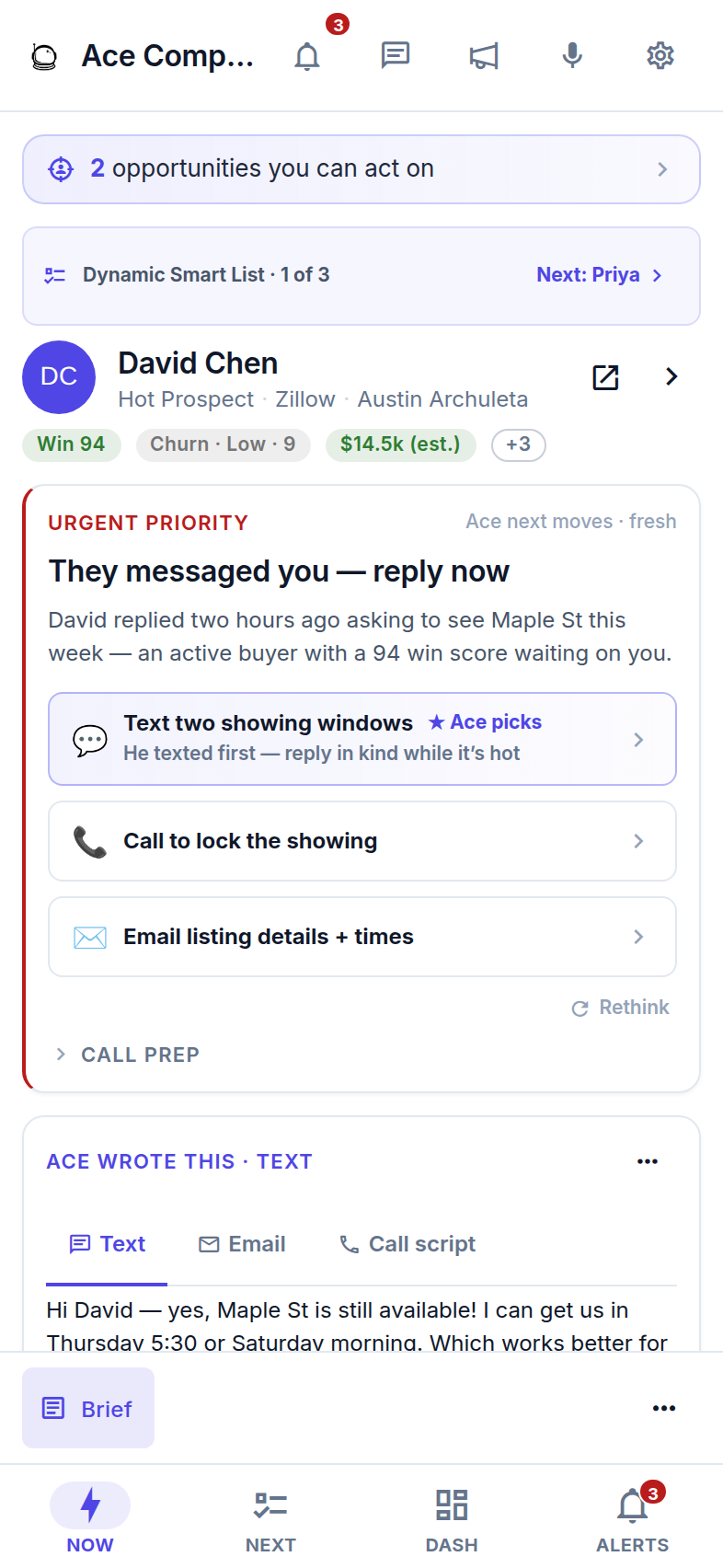 Follow Up Ace iPhone app contact view for a hot prospect, showing Win score, churn risk, expected GCI, and Ace's recommended next move