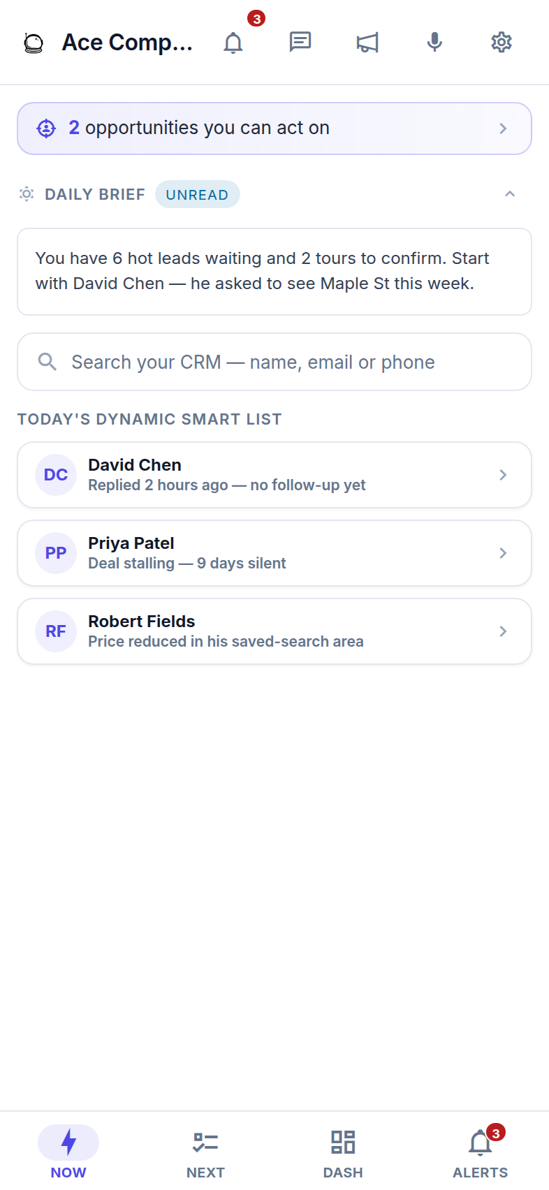 Follow Up Ace iPhone app NOW screen: a Daily Brief and today's ranked list of contacts to work, with reasons like replied 2 hours ago and deal stalling 9 days silent