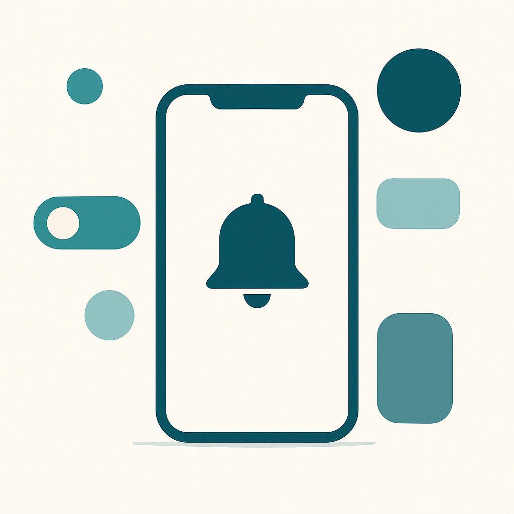 Illustration of a phone with a notification bell and toggle switches, representing per-category push and email controls
