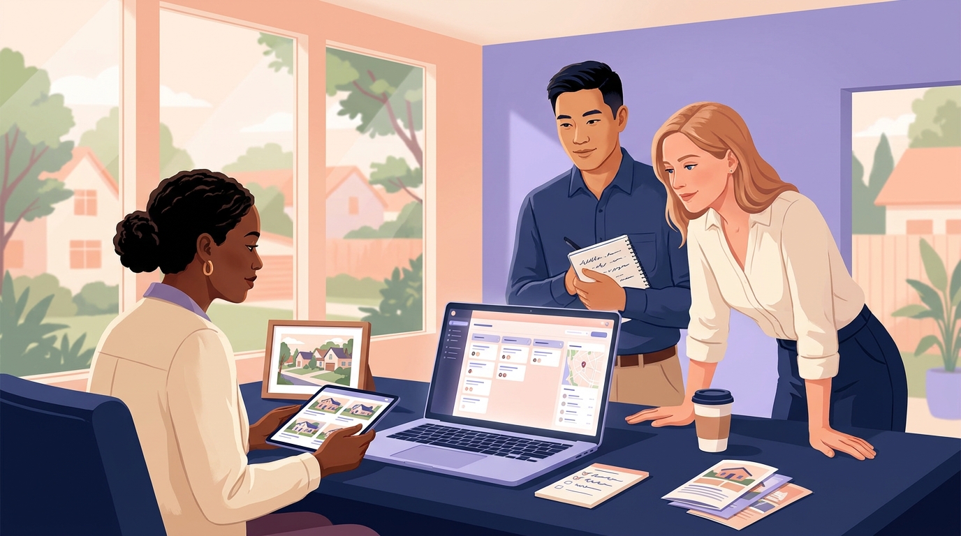 Real estate team collaborating around a CRM dashboard displaying lead pipelines and task lists in an open office environment