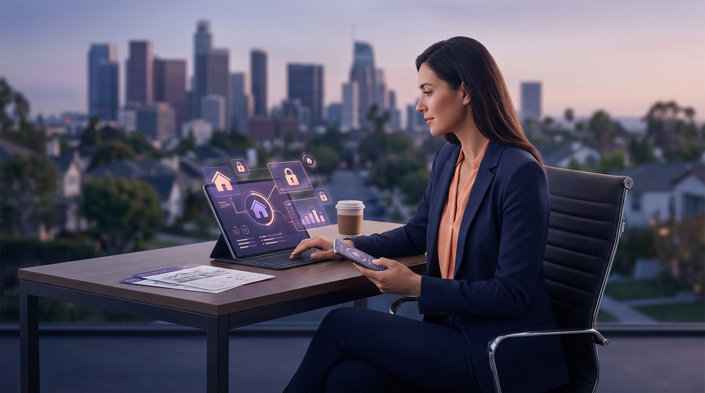 Locked data vault surrounded by real estate CRM interface elements representing AI privacy protection