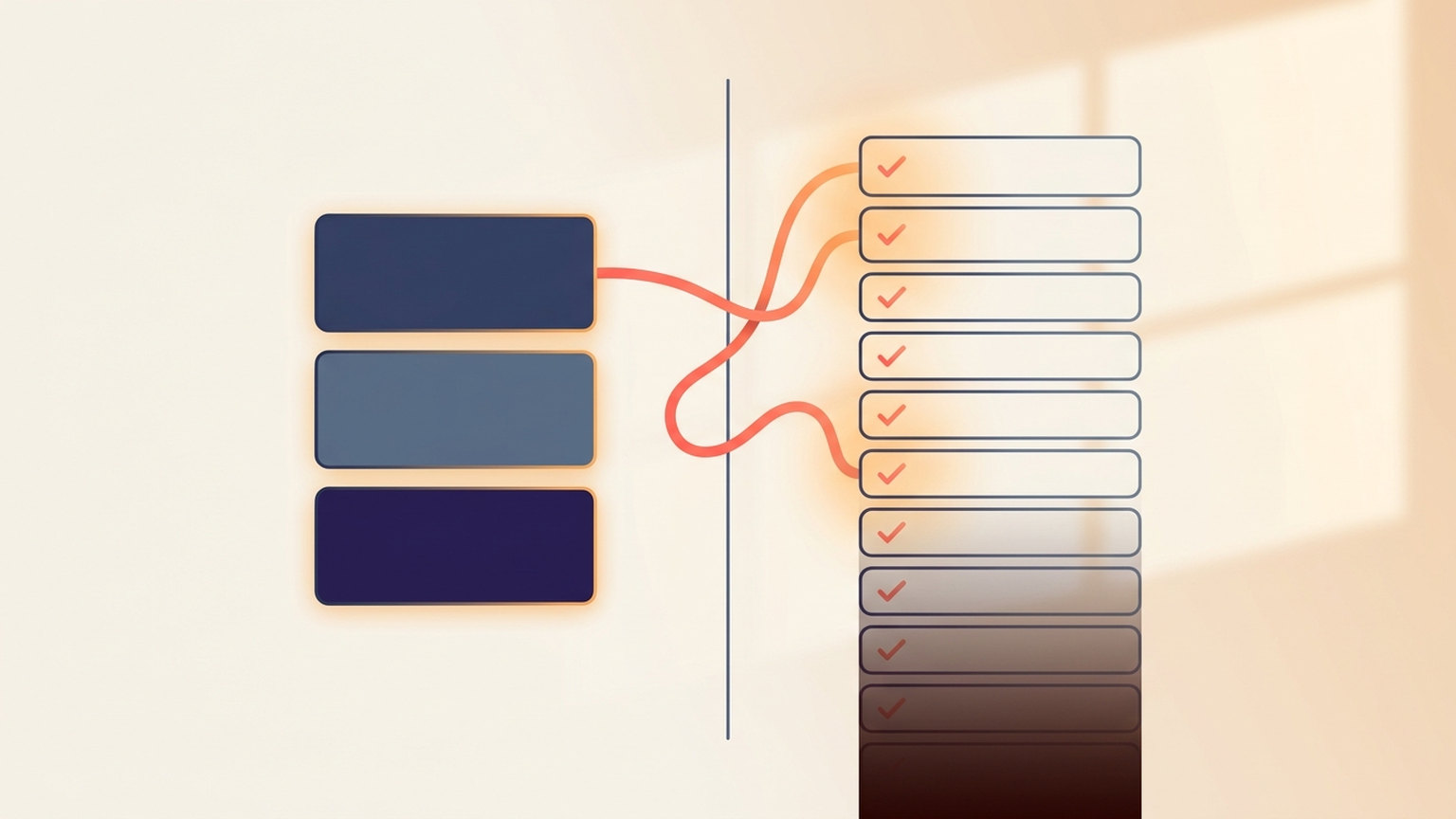 Conceptual diagram: a short stack of three solid cards on the left, and a much taller stack of outlined cards with tick marks on the right, running off the bottom of the frame