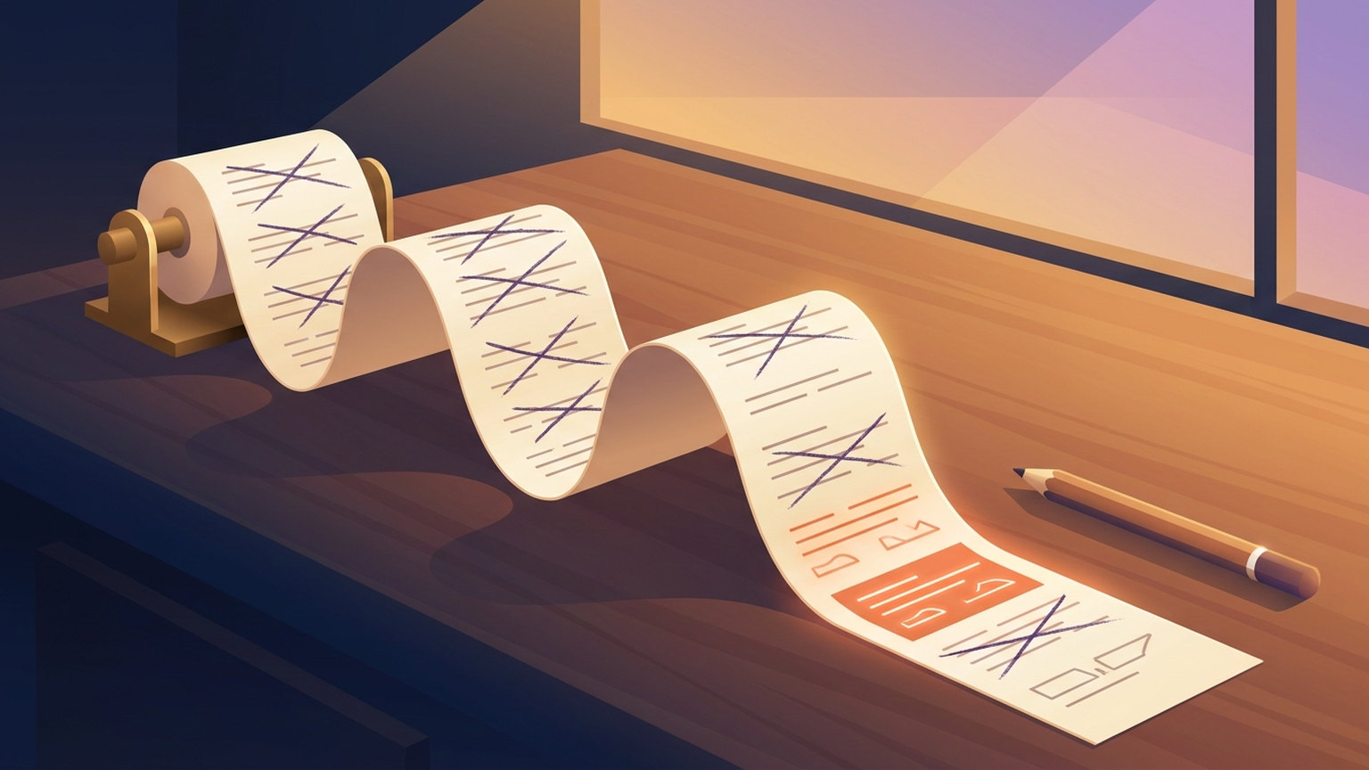 An audit tape unspooling across a wooden desk in warm light, most of its printed lines struck through in pencil and only a few left unmarked