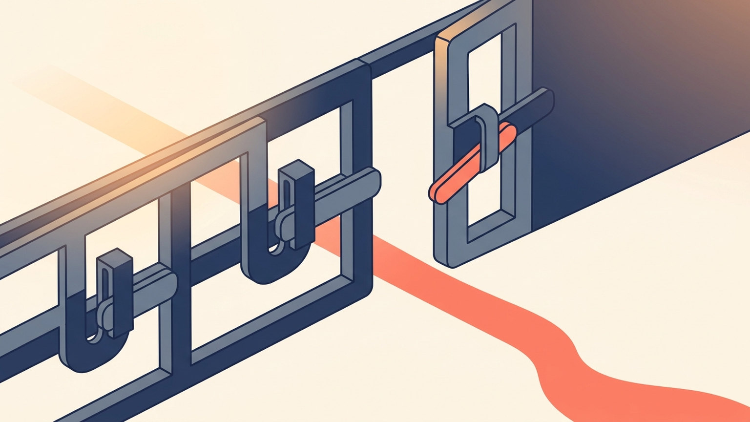Conceptual illustration of a gate with three latches, two closed and one partly open, with a path passing through and continuing beyond