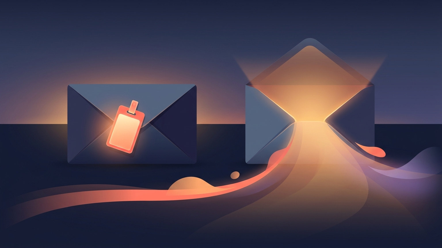Conceptual diagram: on the left a sealed dark envelope with a bright glowing tag clipped to the outside; on the right an open envelope with warm light pouring out of it
