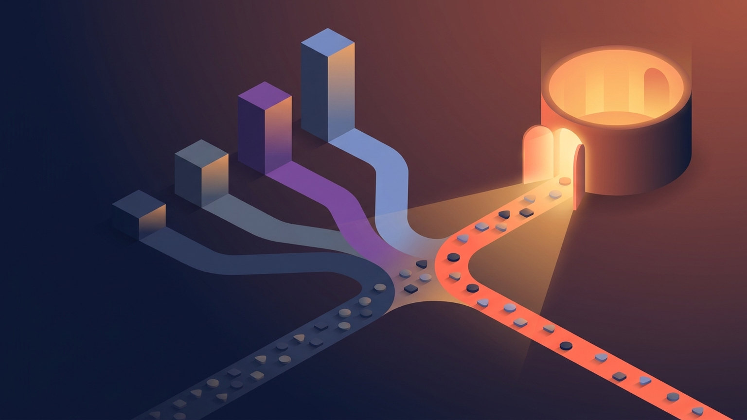 Conceptual diagram: a stream of tokens arrives at a junction and splits into five lanes; four end at solid blocks of different heights, and the fifth runs on through a doorway into a lit chamber