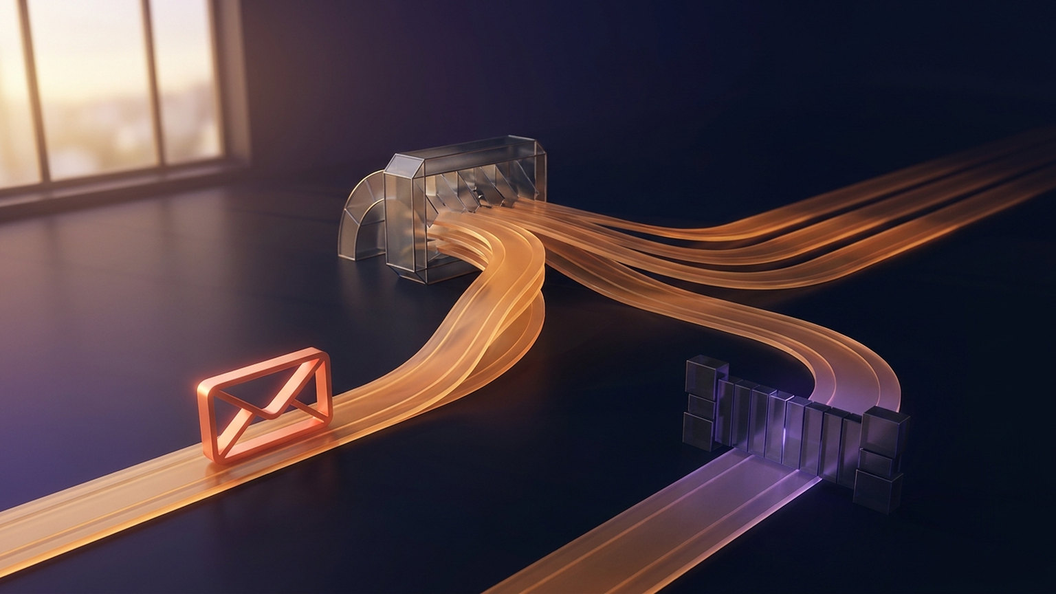 A glowing envelope travels back along a lit path into a metal sorting device, where the path fans out into several lanes and one lane runs into a solid dark barrier