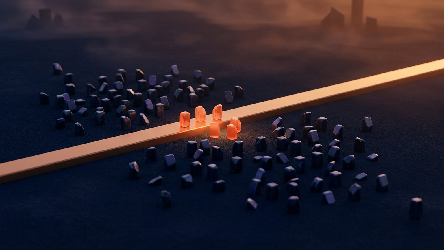 Dozens of small dim markers scattered across a dark field, a single lit gold line crossing through them, and only a handful of markers glowing warm at the line