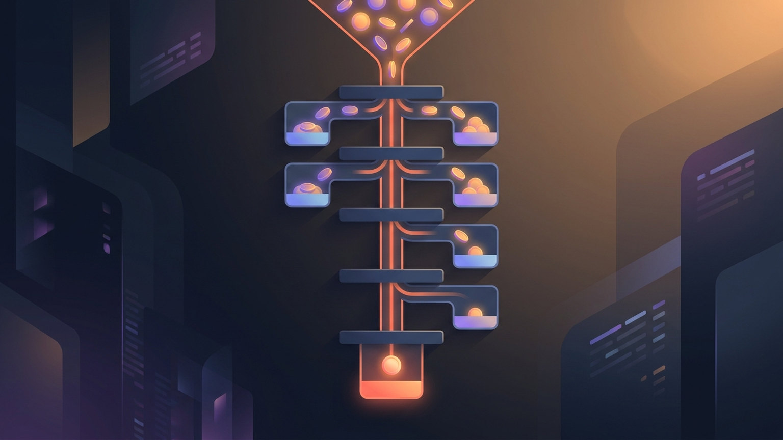 Conceptual diagram: many tokens pour from a funnel into a vertical channel, peel off sideways into side pockets at each of several gates, and a single token reaches a lit chamber at the bottom