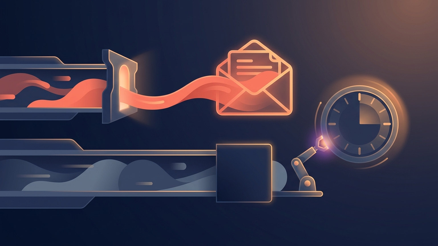 Conceptual diagram: an upper channel flows through an open gate into an open envelope, while a lower channel stops at a solid barrier and a small arm beside it nudges a clock dial