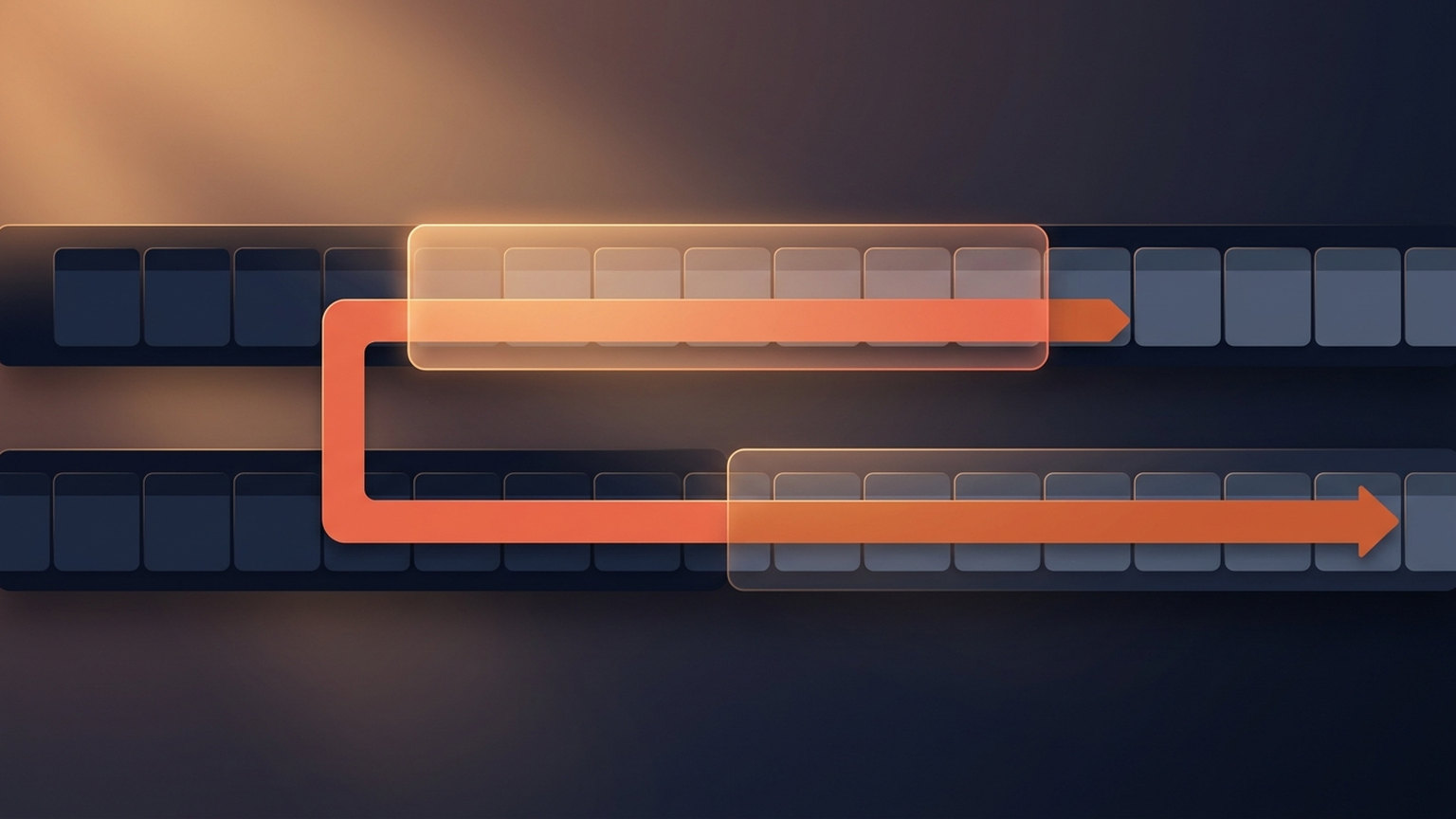 Two rows of segmented timelines offset from each other, each with a highlighted window and an orange arrow connecting the window in the top row to the window in the bottom row