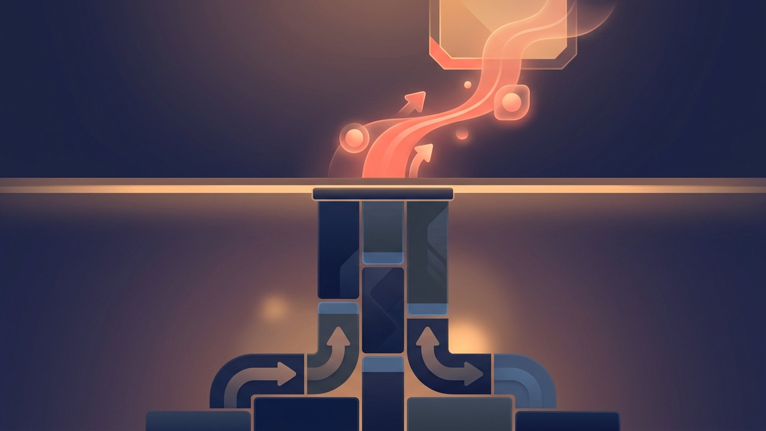 Abstract diagram: dark blocks stack up to a glowing horizontal line, and above the line a single orange stream flows upward and away