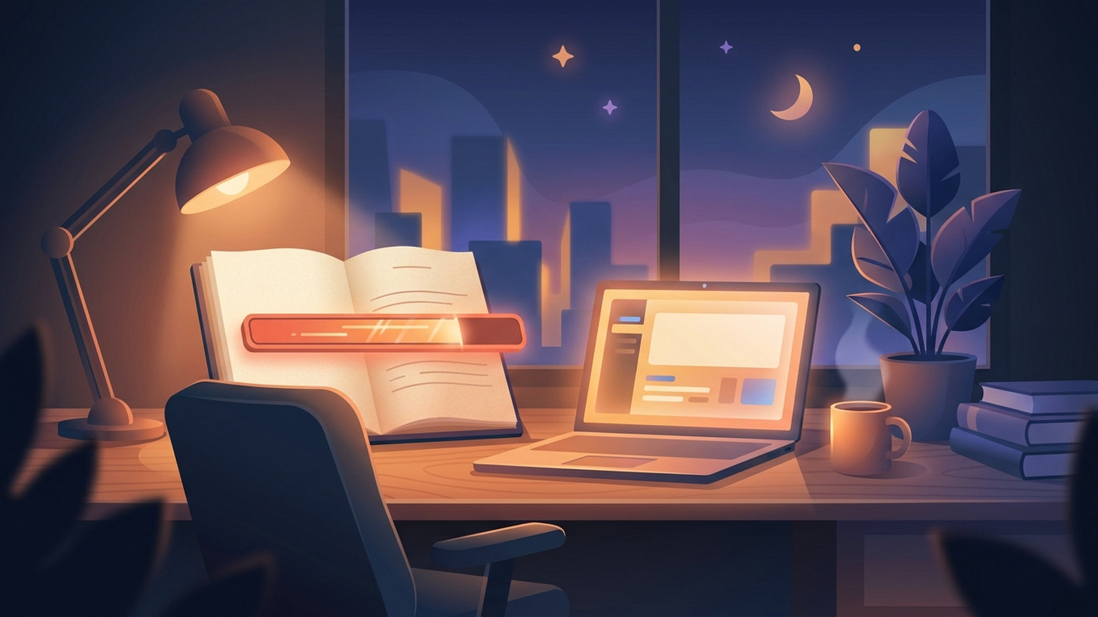 A lamp-lit desk at night with an open ledger book crossed by a glowing orange progress bar that is nearly full, a laptop beside it and a city skyline through the window