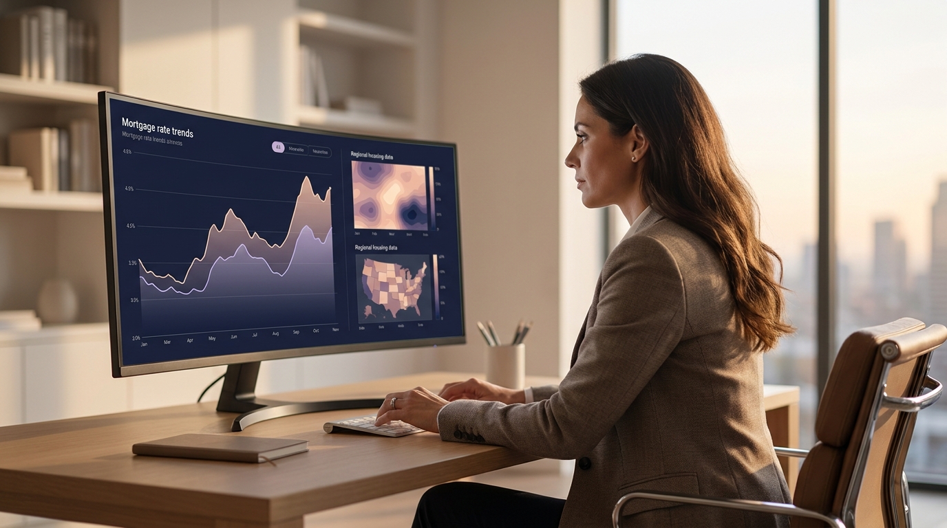 A real estate agent reviewing a dashboard that displays Federal Reserve FRED mortgage rate charts and housing price index trends alongside their CRM contact pipeline