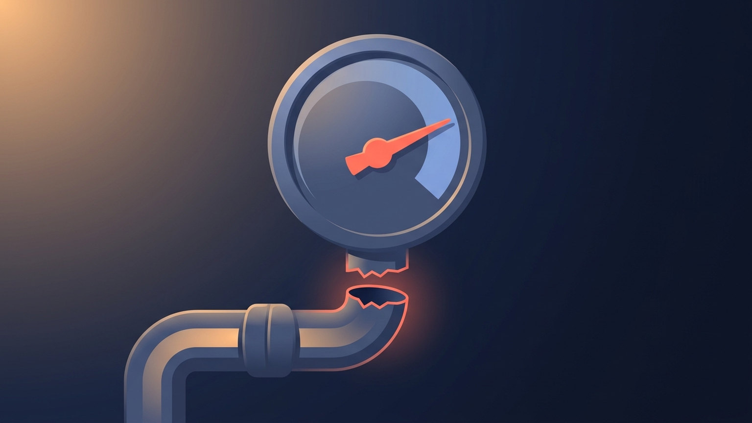 Diagram: a pressure gauge whose needle sits in the healthy green zone while the pipe feeding it is severed and disconnected