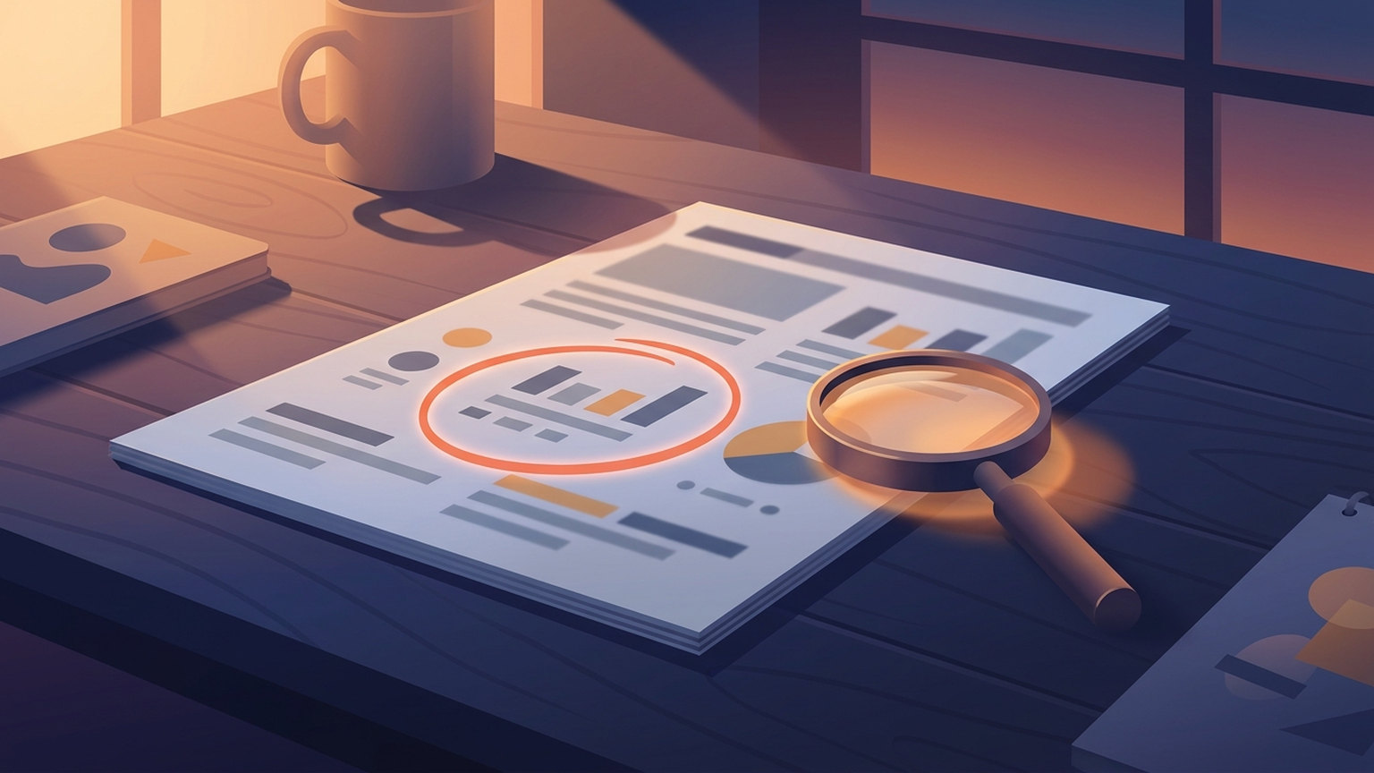 A printed business performance report on a desk with one figure circled in red pen and a magnifying glass resting beside it