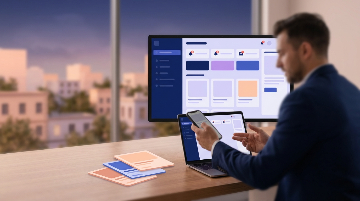 Split screen showing Follow Up Boss notifications on a desktop browser and iPhone, with an AI alert highlighting a contact waiting 26 hours for a reply