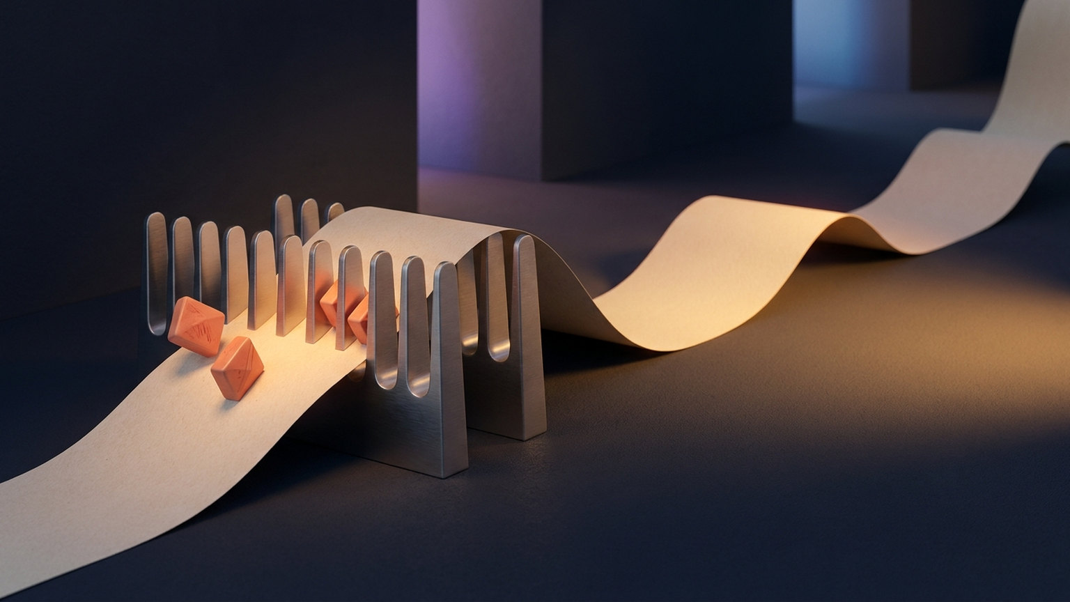 A long pale paper ribbon feeding through a row of upright metal comb teeth, with four small coral tokens stopped at the comb — two resting on the ribbon and two wedged among the teeth — while the ribbon itself passes through and continues away unmarked