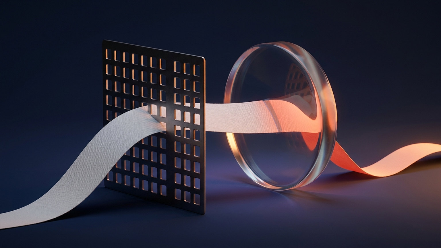 A pale ribbon threading through two upright panels in sequence: first a rigid perforated metal grid, which it passes unchanged, then a clear glass lens, after which the ribbon emerges tinted warm coral