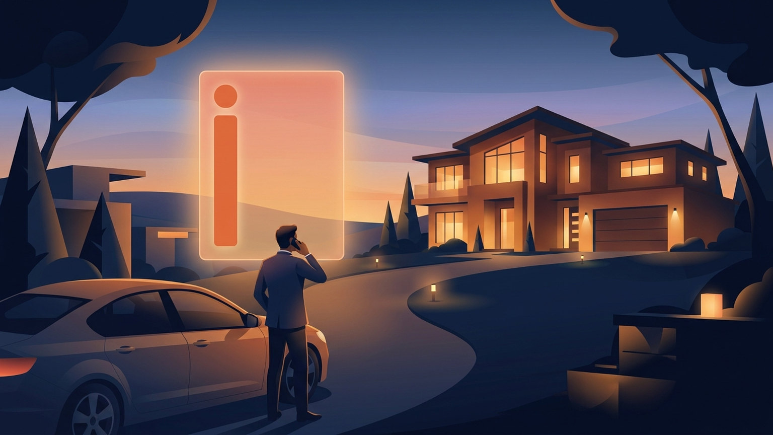 Illustration of a real estate agent standing beside a car in a driveway at dusk, phone to their ear, with a mostly empty glowing contact record card floating behind them