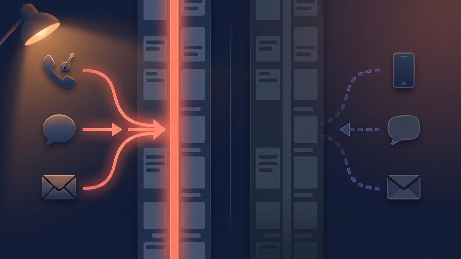 Diagram with three channel icons on the left connected by solid arrows into a lit contact timeline, and three matching icons on the right whose dashed arrows stop short and never reach it