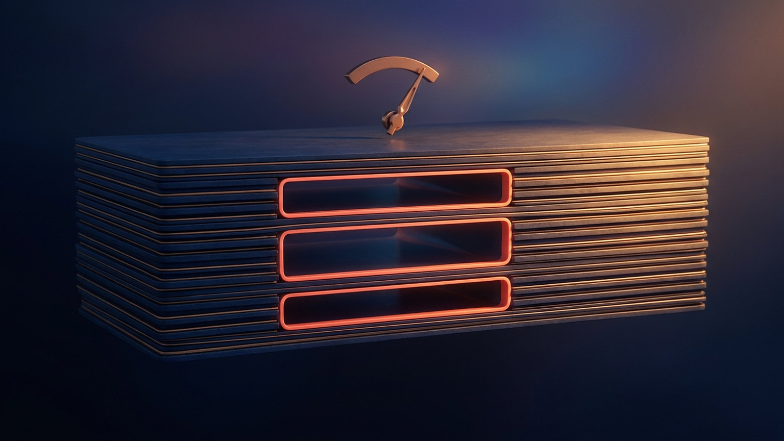 Abstract render of a stack of thin layers seen edge-on with three hollow gaps cut through the middle, and a small gauge needle above the stack resting low