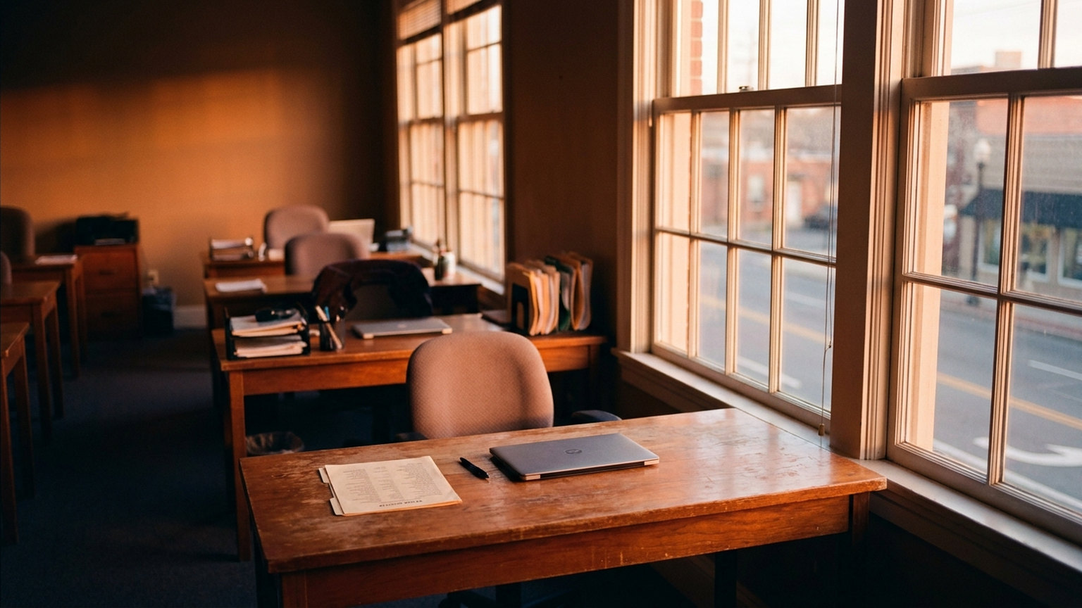 An empty wooden desk by tall windows in a small real estate office at golden hour, with a printed team roster, a pen and a closed laptop on it and a row of empty agent desks behind