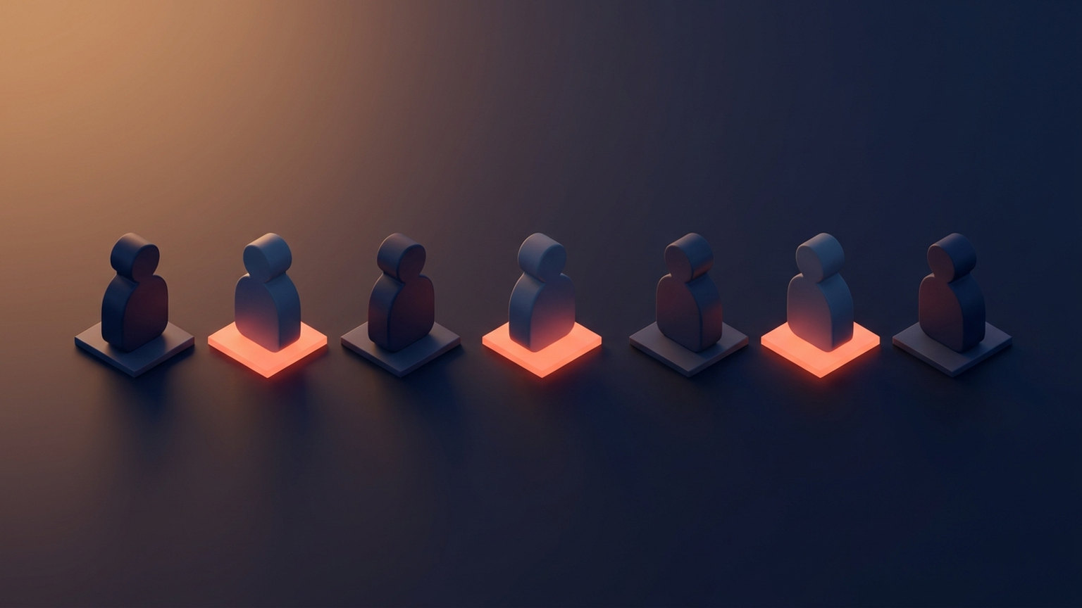 Diagram of seven figures in a row, each standing on a square tile, with three of the tiles glowing orange and the other four left plain