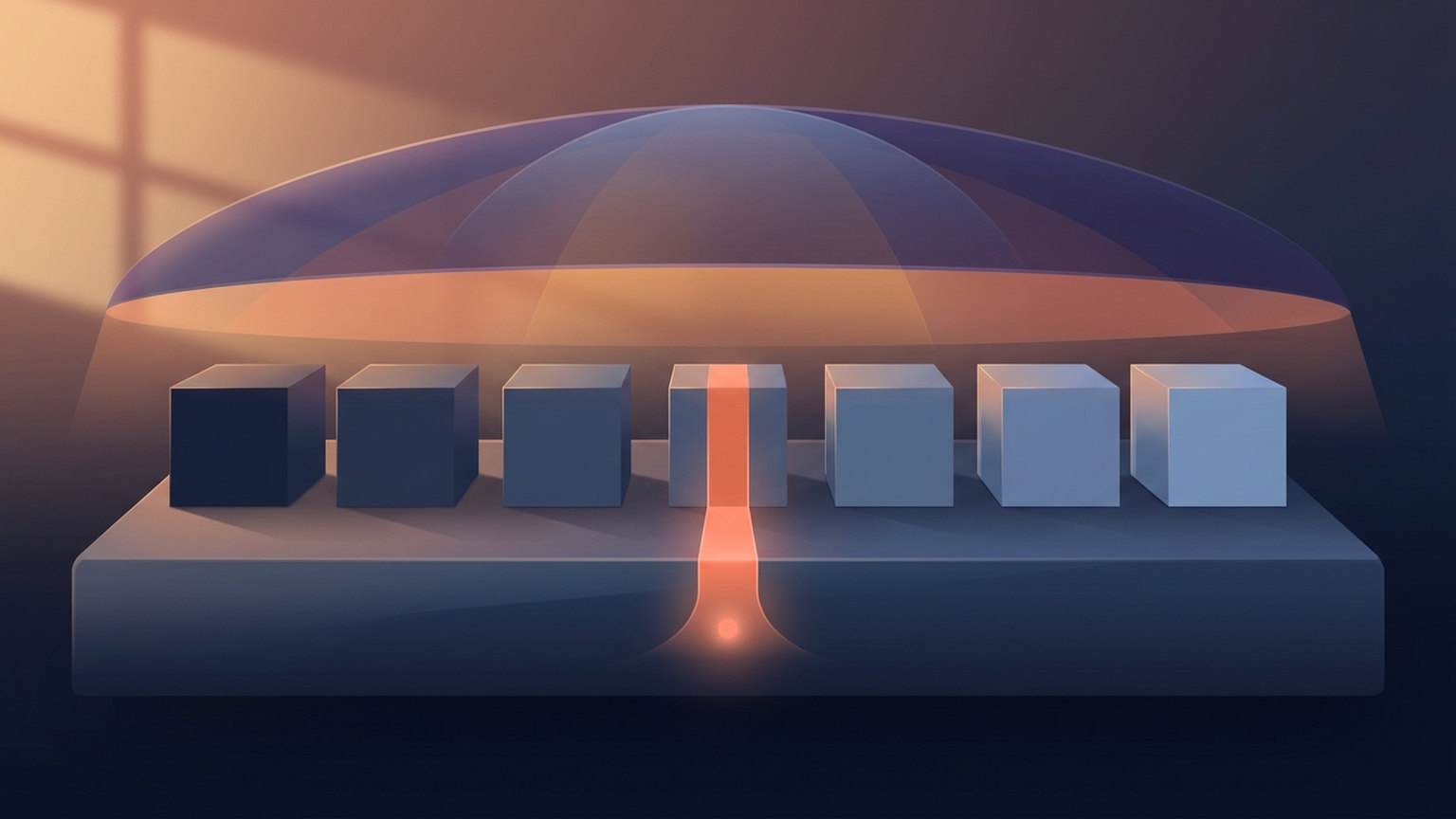 Diagram of three stacked layers: a wide slab at the bottom, a row of separate blocks standing on it, and one translucent canopy arching over all of the blocks