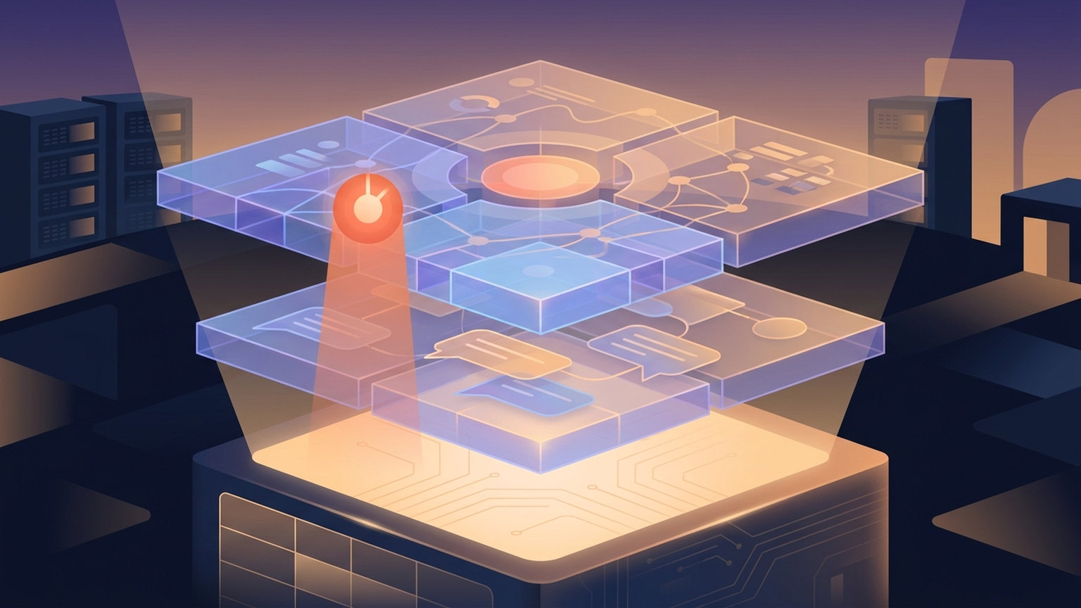 Concept illustration of two stacked intelligence layers above a CRM database: a lower conversation layer with message and task icons, and an upper database-wide layer with gauge, shield and network icons