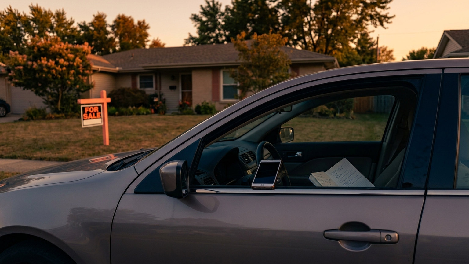 A gray sedan parked at the curb outside a single-story house with a For Sale sign in the yard at sunset, a phone propped by the driver&rsquo;s window and an open handwritten notebook inside the car