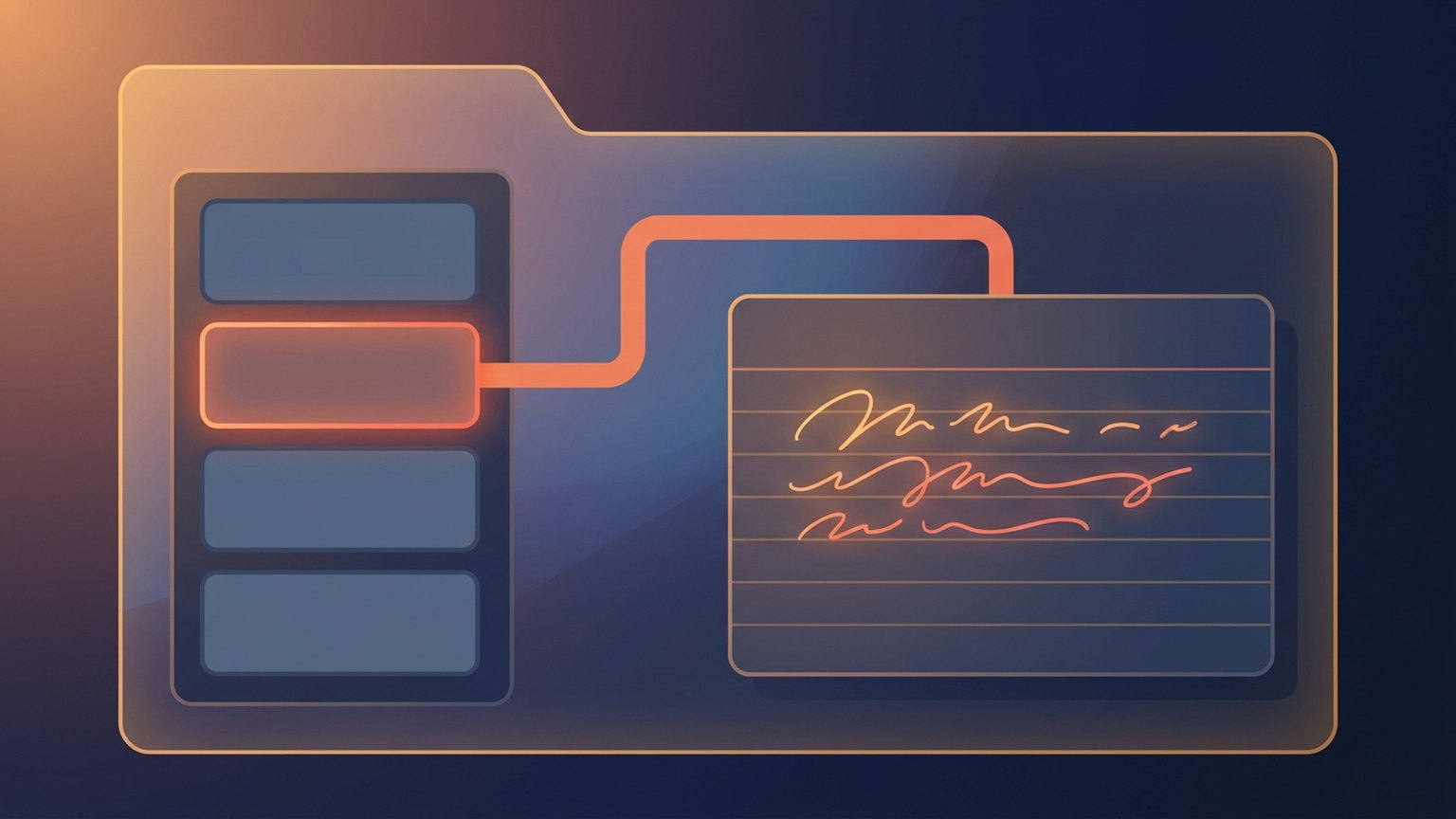 Abstract diagram of a folder holding two parts: a short vertical stack of tiles with one tile highlighted in orange, connected by an orange line to a lined note card with handwritten-style scribbles