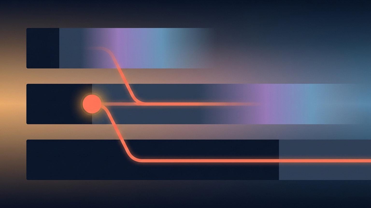 Abstract diagram of three stacked horizontal bands: the top band fades out early, the middle band holds for longer before fading, and the bottom band stays mostly solid, with a glowing orange dot near the left edge sending lines into each band