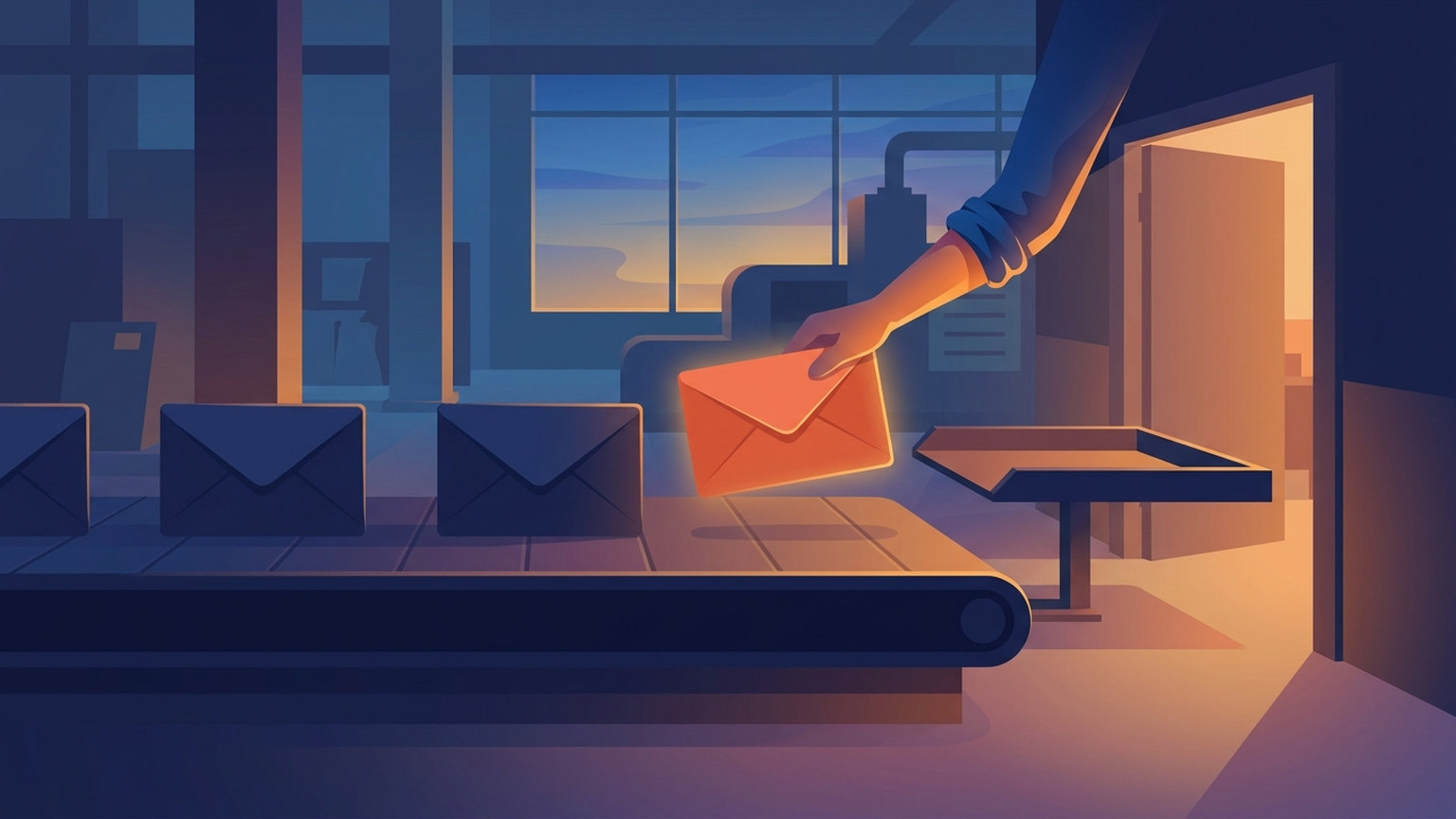 Illustration of identical envelopes moving along a conveyor toward an open door, with one envelope lifted aside onto a separate tray before it reaches the threshold
