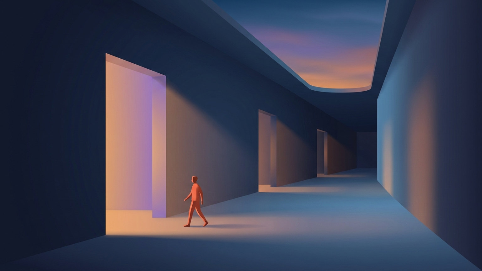 Illustration of a corridor with three lit doorways in a row, each narrower than the one before, and a single figure walking past the first one