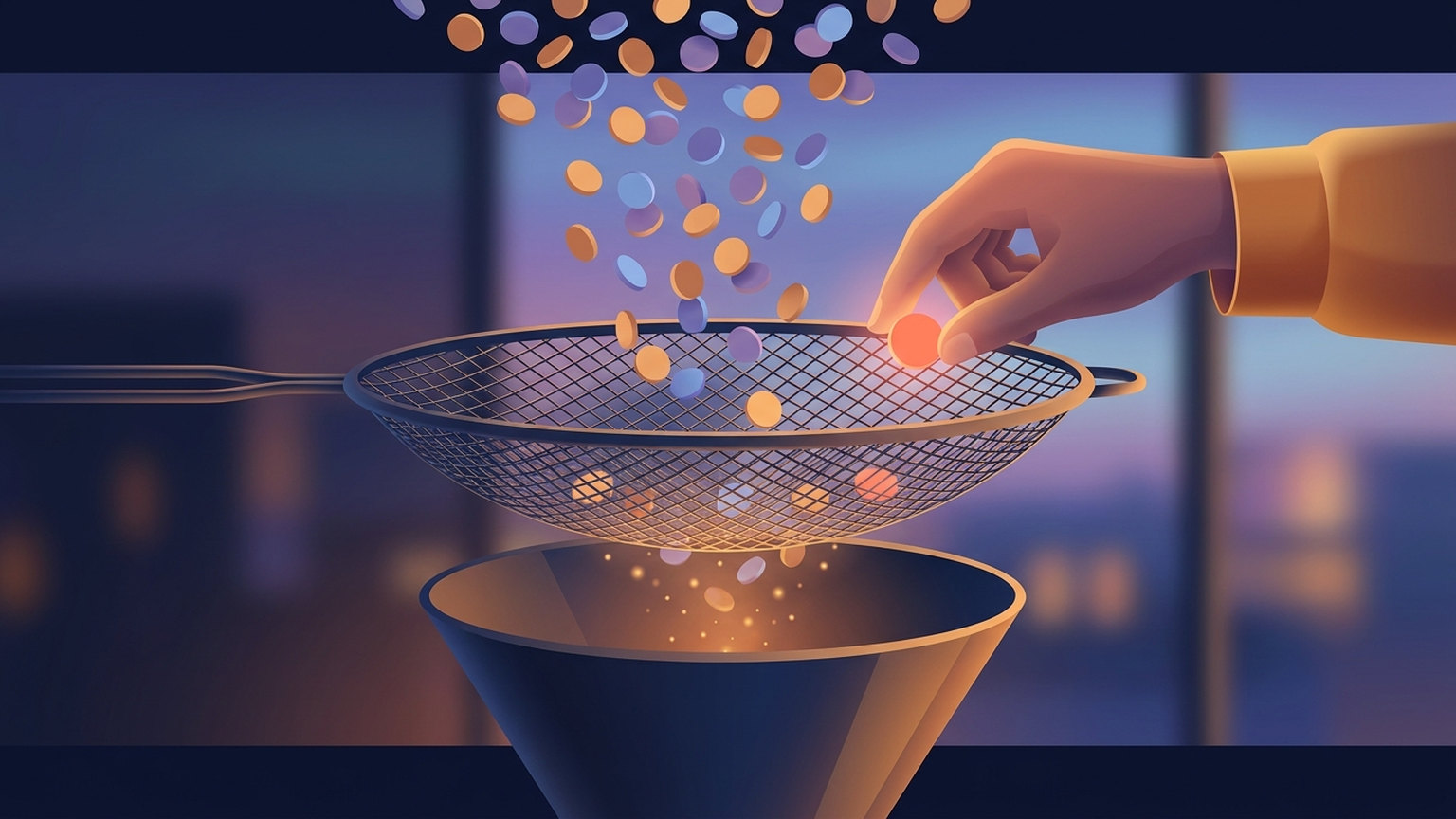 Illustration of small coloured tokens falling through a fine mesh sieve into a funnel below, while a hand reaches in from the right to lift one glowing token back off the mesh by hand — an automatic filter with a deliberate manual override