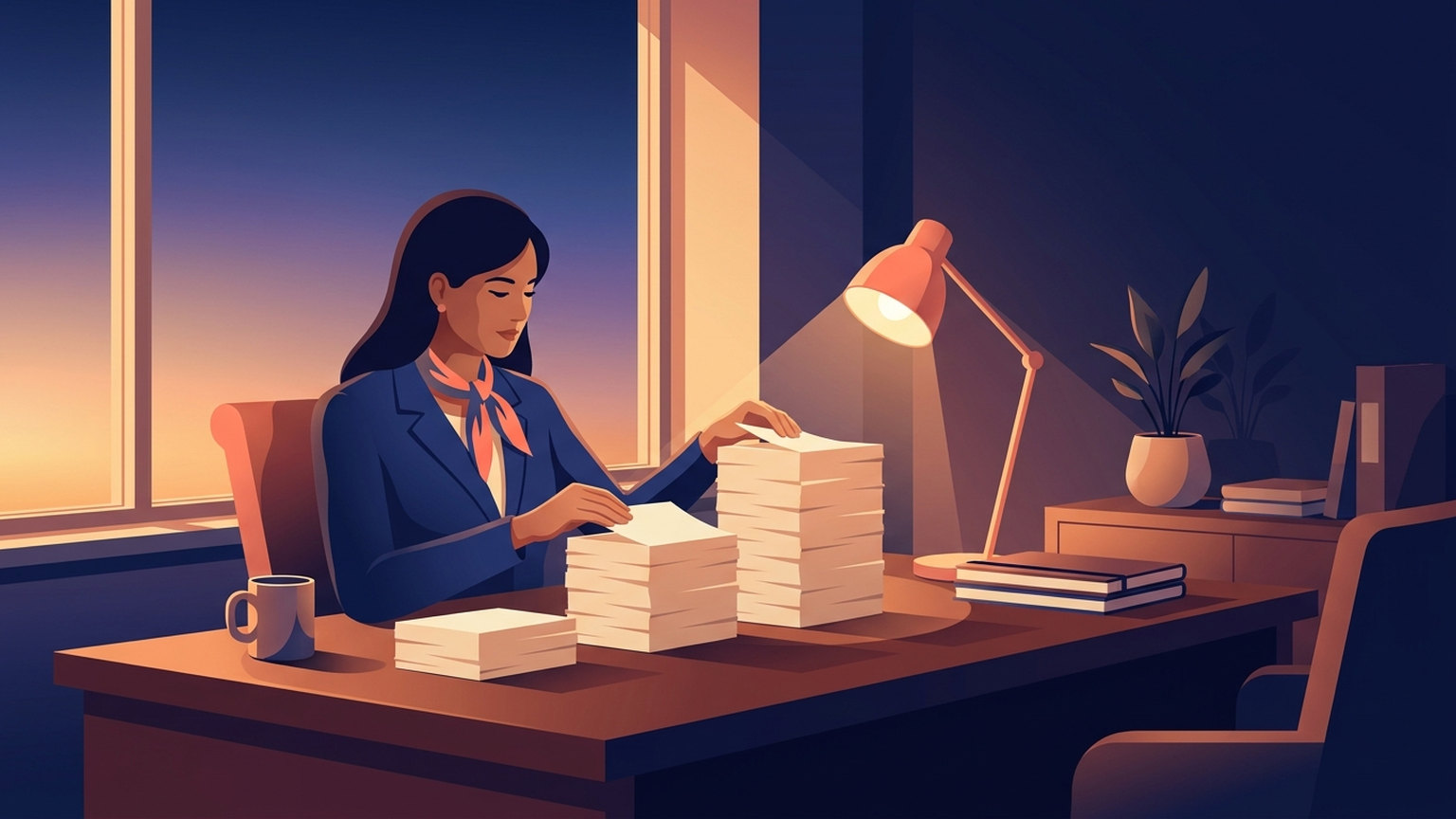 Flat illustration of a real estate agent at a desk at dusk, sorting a tall stack of plain unmarked cards into three separate piles under a desk lamp