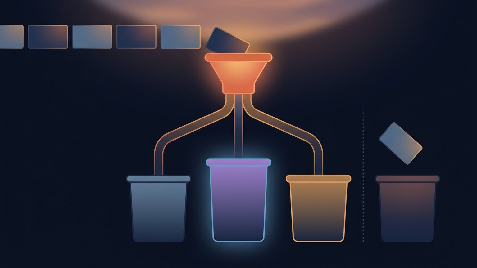 Diagram: a row of unlabelled cards feeds a funnel that sorts them into three bins, while one card falls past the funnel into a fourth bin behind a dotted line