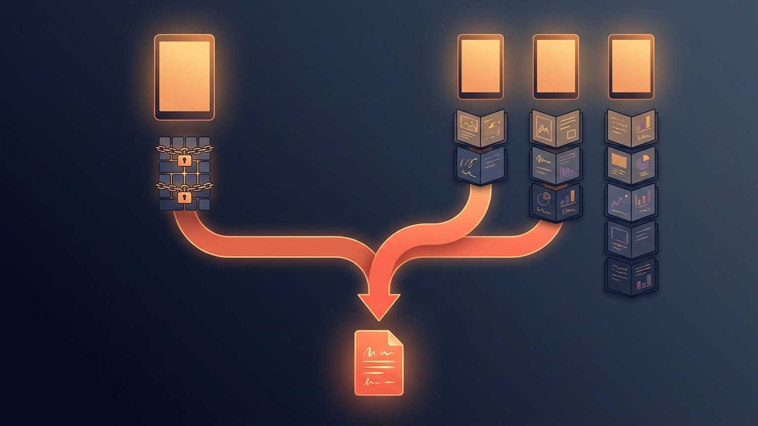 Diagram: one chained and padlocked stack of tiles on the left, three unlocked freely-built stacks on the right, both feeding into a single report document
