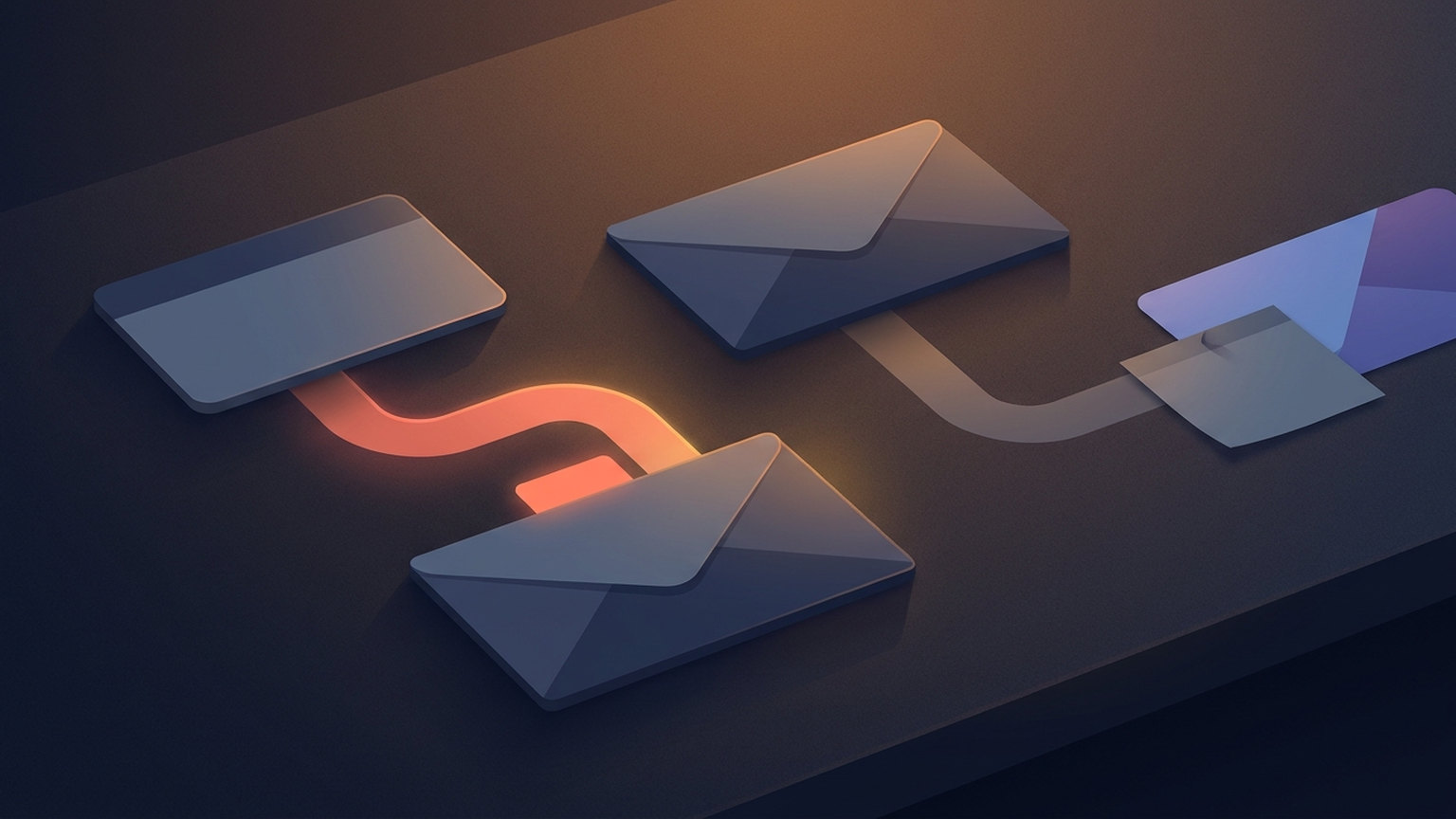 Concept diagram of two envelopes on a dark table: one with a small orange tab is linked by a glowing orange path to a new blank card, while the other, with no tab, is linked by a dull grey path to a small note tucked under an existing card
