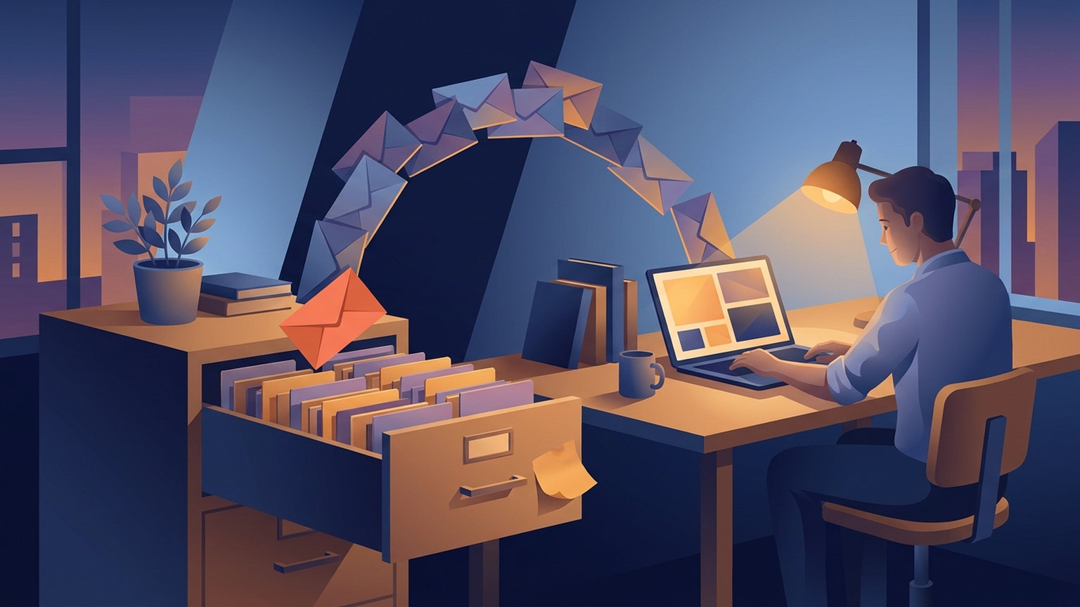 Illustration of a man working at a laptop in an office at dusk while an arc of envelopes flies into an open card-file drawer beside his desk; one orange envelope tumbles toward the drawer and a yellow sticky note clings to the drawer front