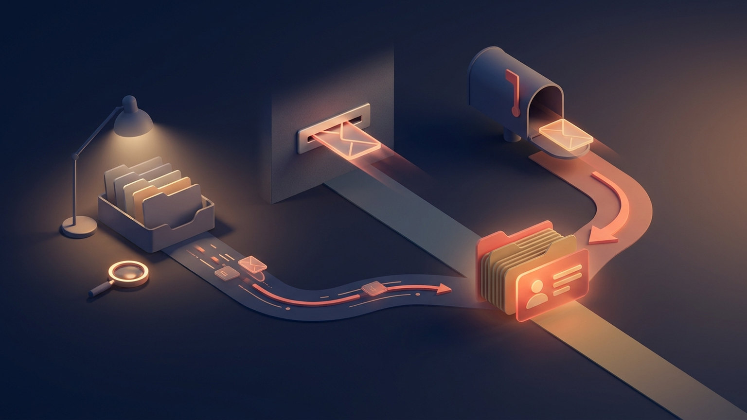 Concept diagram of three paths converging on one glowing contact card: on the left a desk lamp over a file tray with a magnifying glass, in the middle an envelope pushed through a wall mail slot, and on the right an envelope leaving a mailbox along a curved arrow
