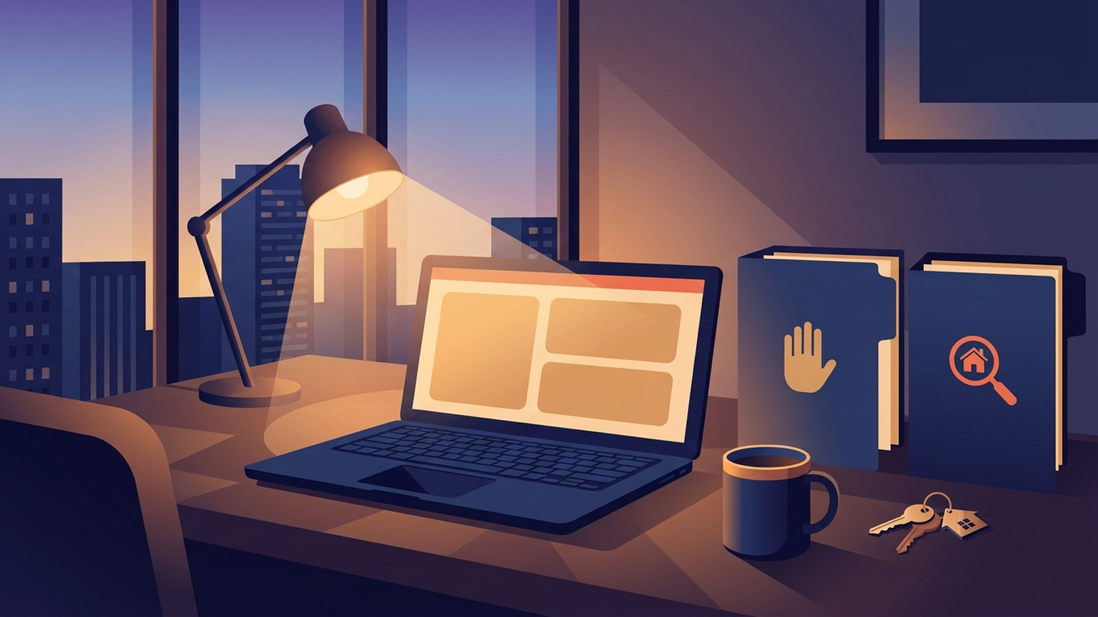 Illustration of an agent's desk at dusk with a lit desk lamp, an open laptop, a coffee mug and a set of house keys, beside two dark folders marked with a raised hand and a magnifying glass over a house