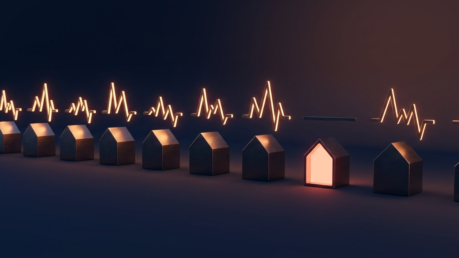 A row of small dark house models under glowing pulse lines, with one house lit warmly from inside sitting beneath a flat line, standing for a buyer whose website activity stopped but who is still worth a call