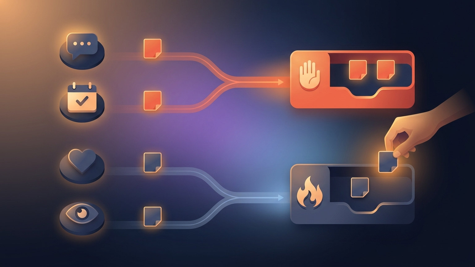 Diagram with no text in two lanes: a question icon and a booked-showing calendar each produce a tag that flows into a tray marked with a raised hand, while a heart for a saved home and an eye for repeat views each produce a tag that flows into a tray marked with a flame, and a hand lifts one tag out of the flame tray