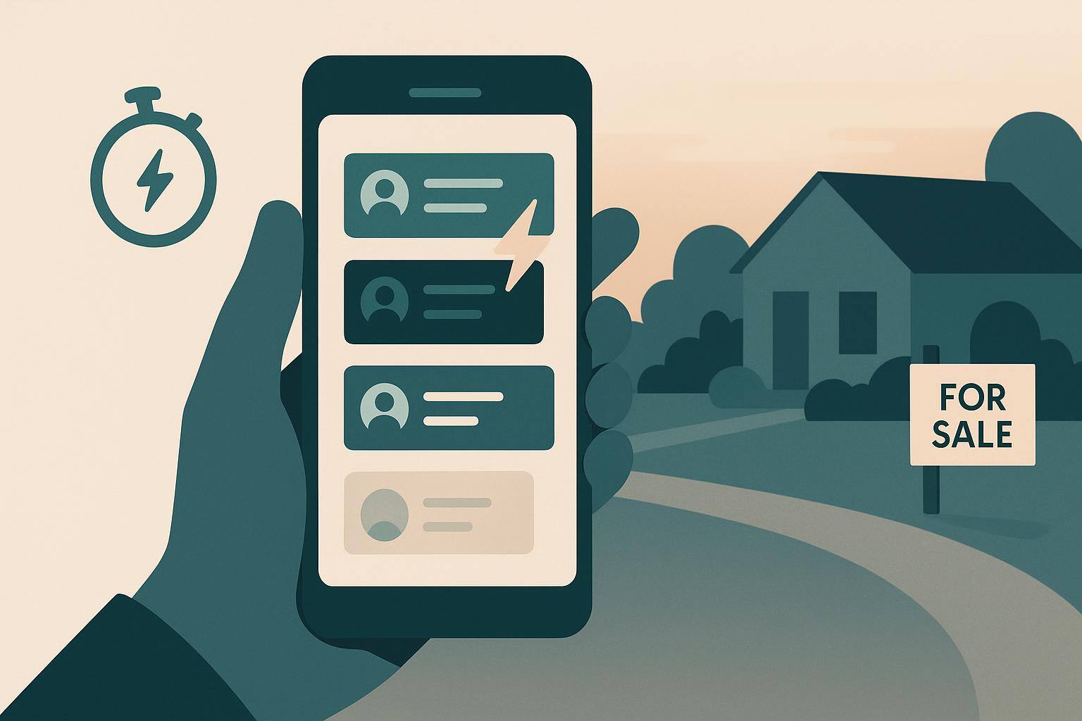 Illustration of a real estate agent holding a phone showing a ranked stack of contact cards, with a stopwatch-and-lightning speed motif and a For Sale sign on a suburban street at dusk