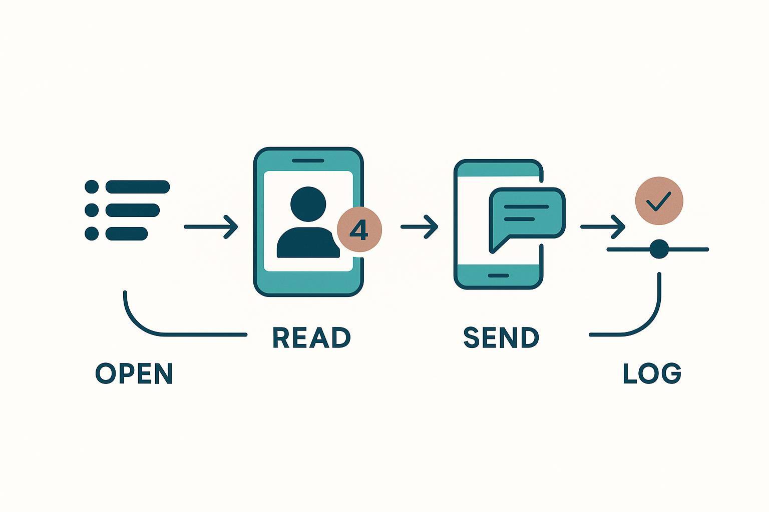 Four-step flow diagram labeled Open, Read, Send, Log, connected by arrows that loop from Log back to Open