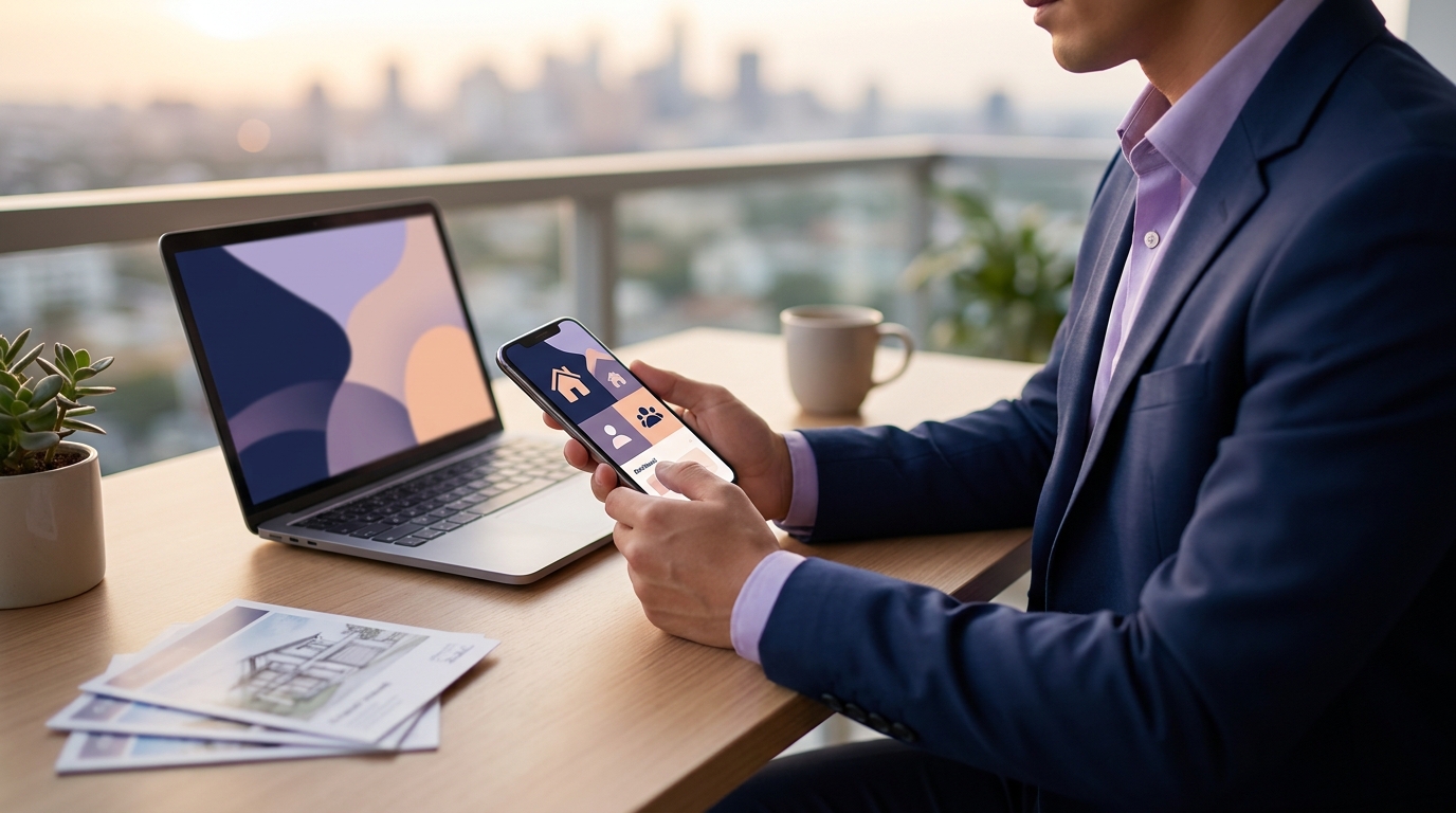Real estate agent reviewing leads on the Follow Up Boss mobile app while outside a property showing