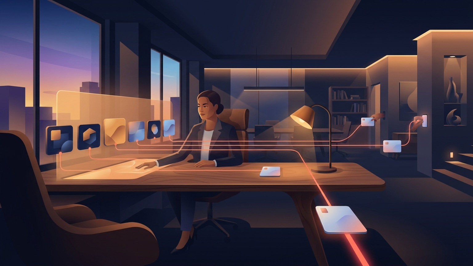 Illustration of a team lead at a wooden desk in an office at dusk, a row of glowing app tiles on a translucent panel beside her, each tile wired by a thin orange line to a separate key card around the room